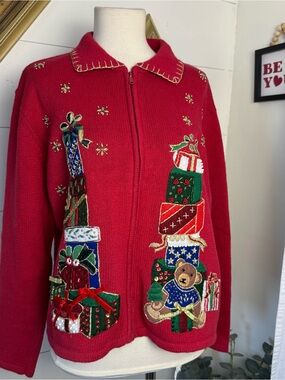 Vintage Tiara Christmas Sweater Zip Up Cardigan Presents Teddy Bear Holiday
